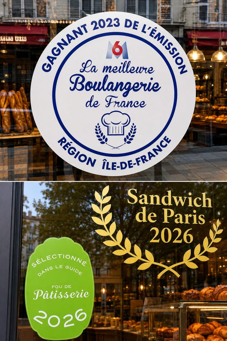 Award stickers in a Paris bakery window: La Meilleure Boulangerie de France, Sandwich de Paris 2026, and a Fou de Pâtisserie guide selection