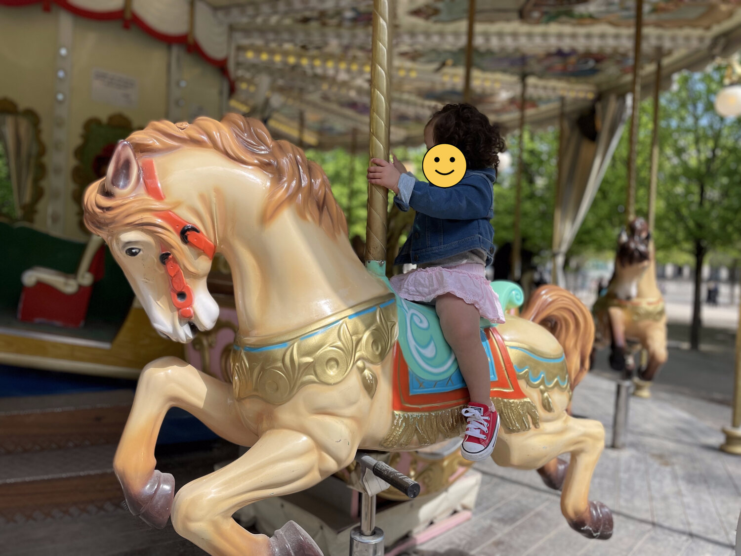 A child riding a painted carousel horse at a Paris garden carousel