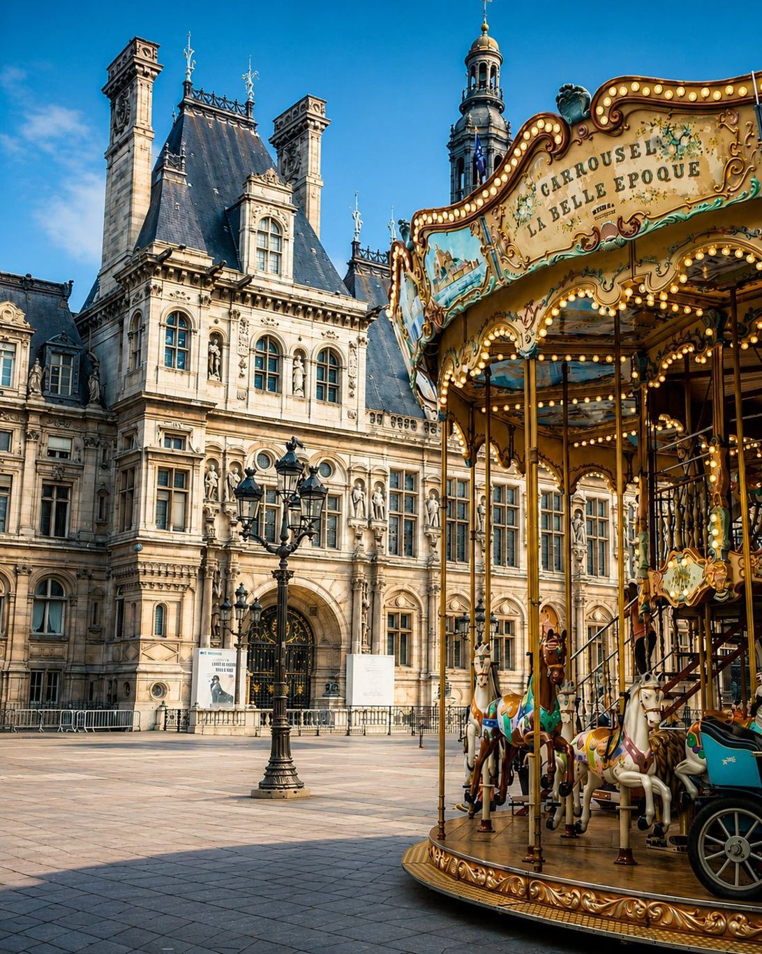 The Carrousel de la Belle Époque turning in front of the Hôtel de Ville in Paris