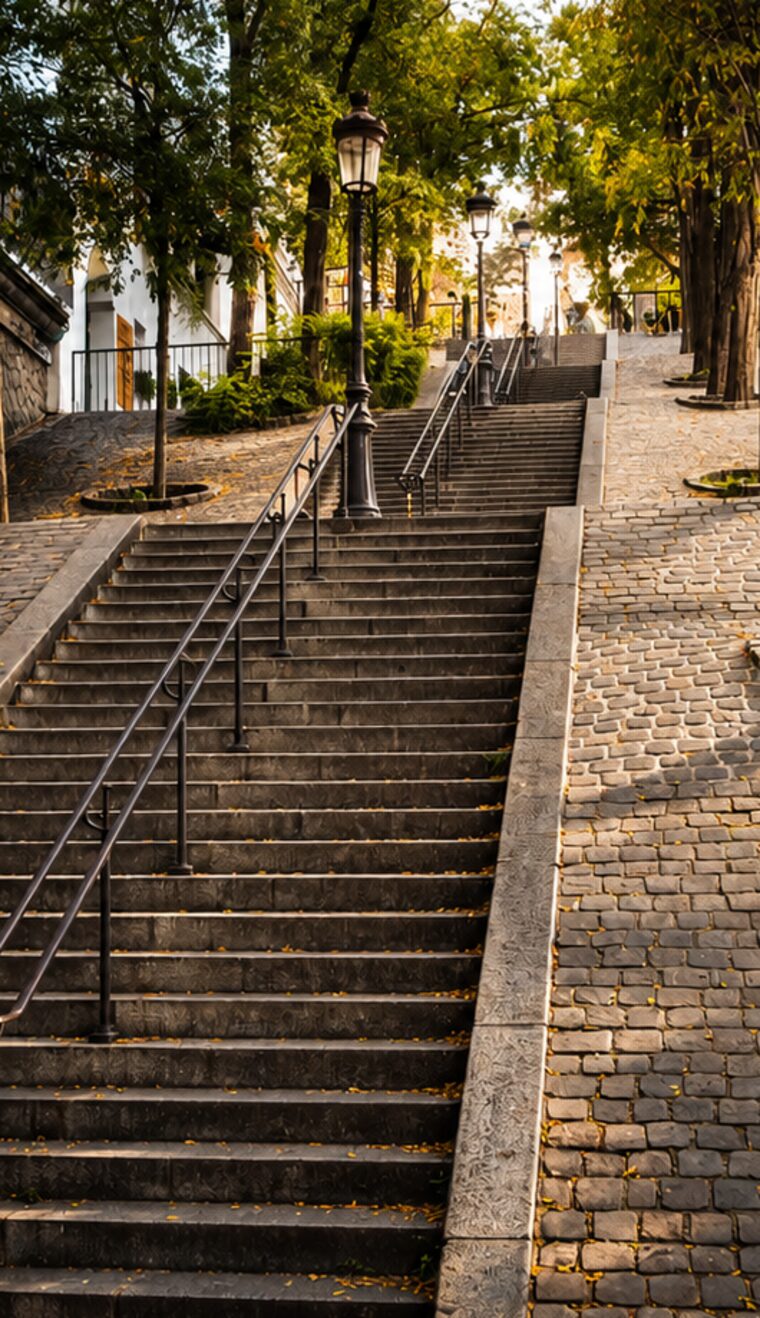 The Montmartre staircase climbing past a cast-iron lamp post