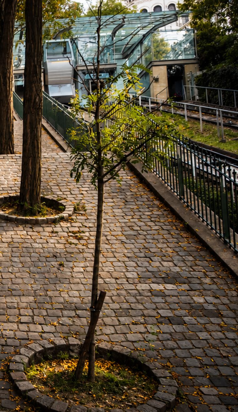 Cobbles and the funicular station beside the Montmartre stairs
