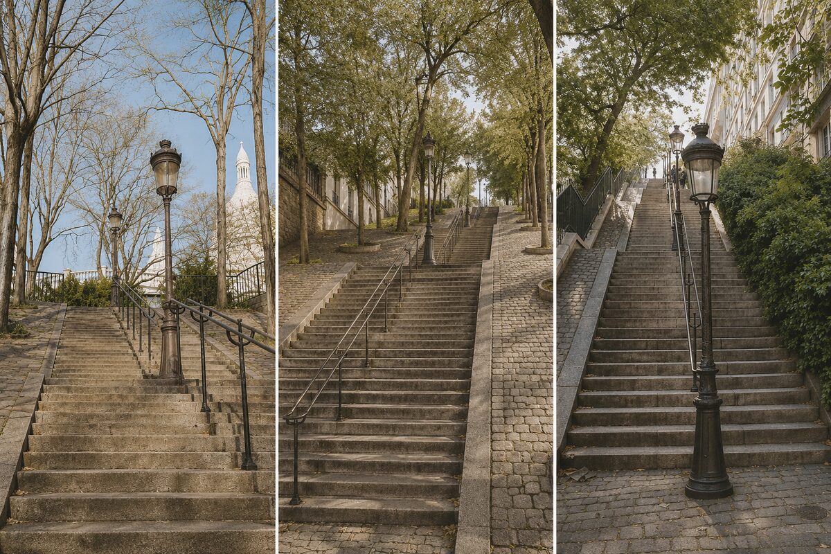 One of the long tree-lined staircases climbing the Montmartre hill, Paris