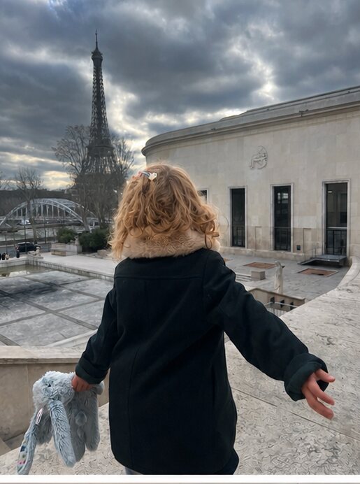 A toddler seen from behind holding a stuffed bunny, looking toward the Eiffel Tower across a Paris terrace